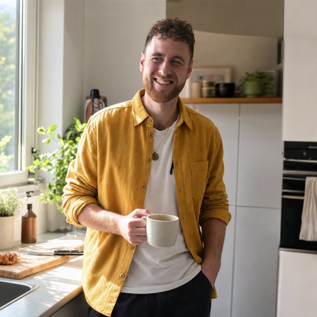 Jesper in the kitchen on a slow morning — the point of building something that runs on posts, not hours