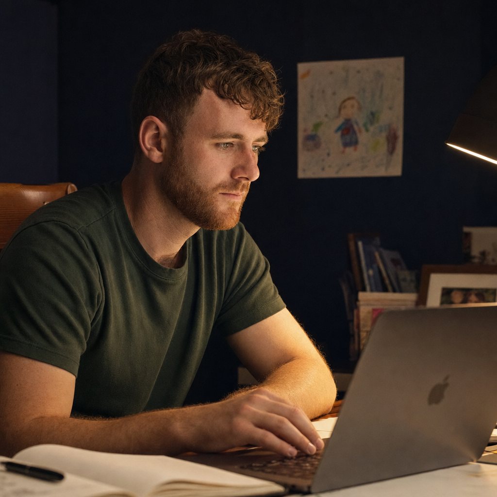 Jesper working at his desk at night, after bedtime