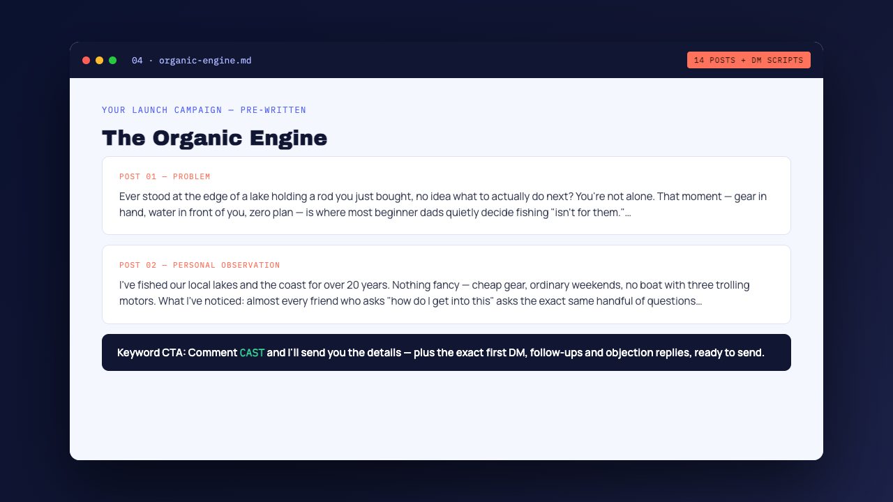 A generated Organic Engine with posts and DM scripts